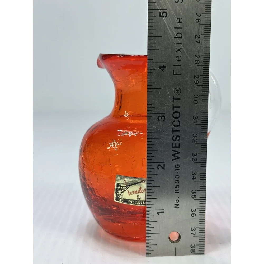 Vintage Handcrafted Pilgrim Orange Crackle Glass Clear Handle Mini Pitcher